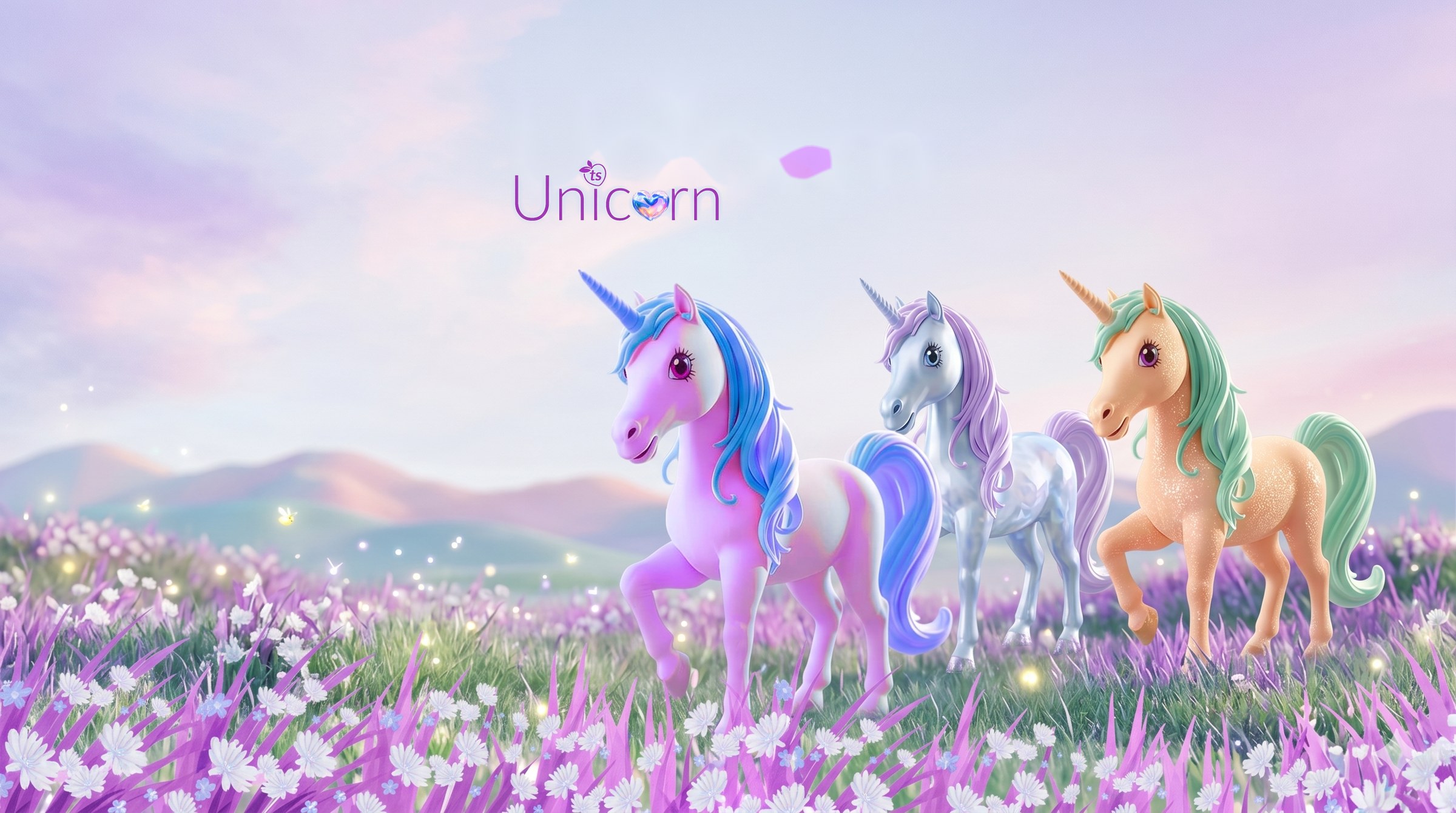 Seraphine, Opaline and Mirabelle walking together through a meadow of violet flowers, with the Unicorn wordmark